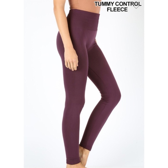 Pants - Leggings fleece lined high waist tights tummy control maroon S/M